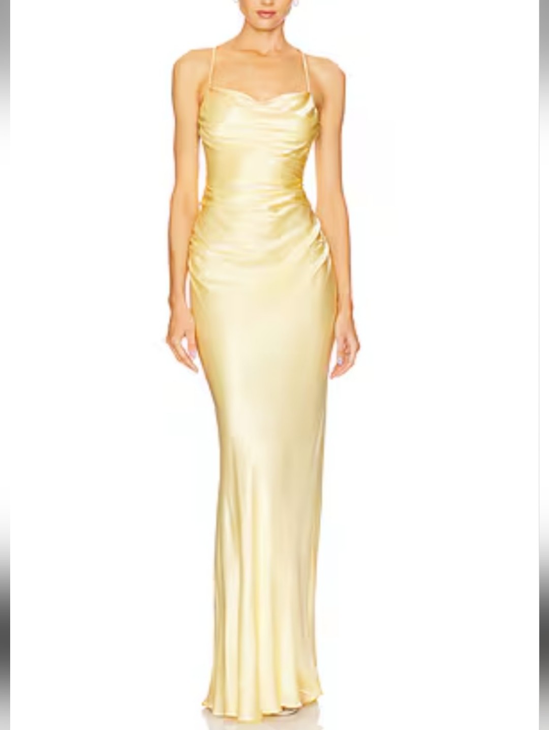 Shona Joy Gorgeous Yellow Satin Ruched Gown W/Draped Neckline Size S Euc